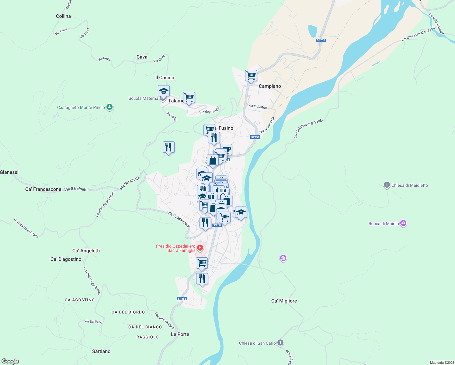 map of restaurants, bars, coffee shops, grocery stores, and more near 84 Via Cavour in Novafeltria