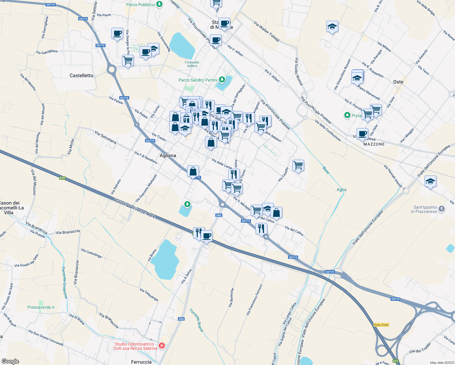 map of restaurants, bars, coffee shops, grocery stores, and more near 10 Via Don Giovanni Bosco in Agliana