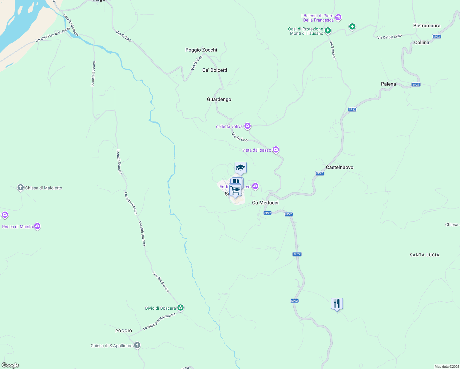 map of restaurants, bars, coffee shops, grocery stores, and more near 6 Via Pietro Toselli in San Leo