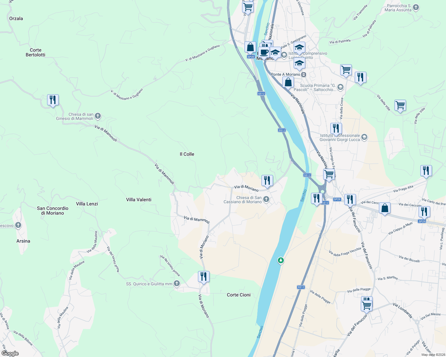 map of restaurants, bars, coffee shops, grocery stores, and more near 208 Via di Villa Mansi in Lucca