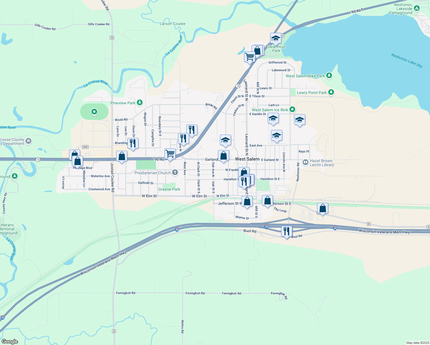 map of restaurants, bars, coffee shops, grocery stores, and more near 367 Franklin St W in West Salem