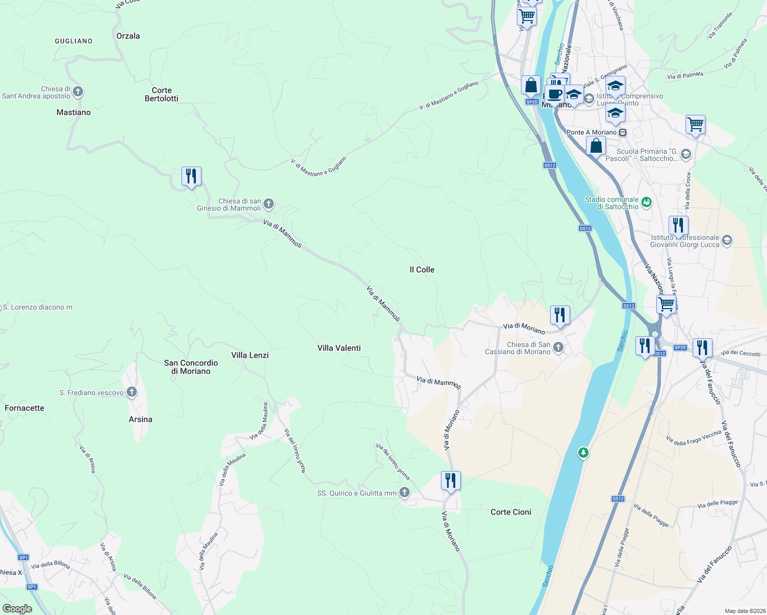 map of restaurants, bars, coffee shops, grocery stores, and more near 899-969 Via di Mammoli in Lucca