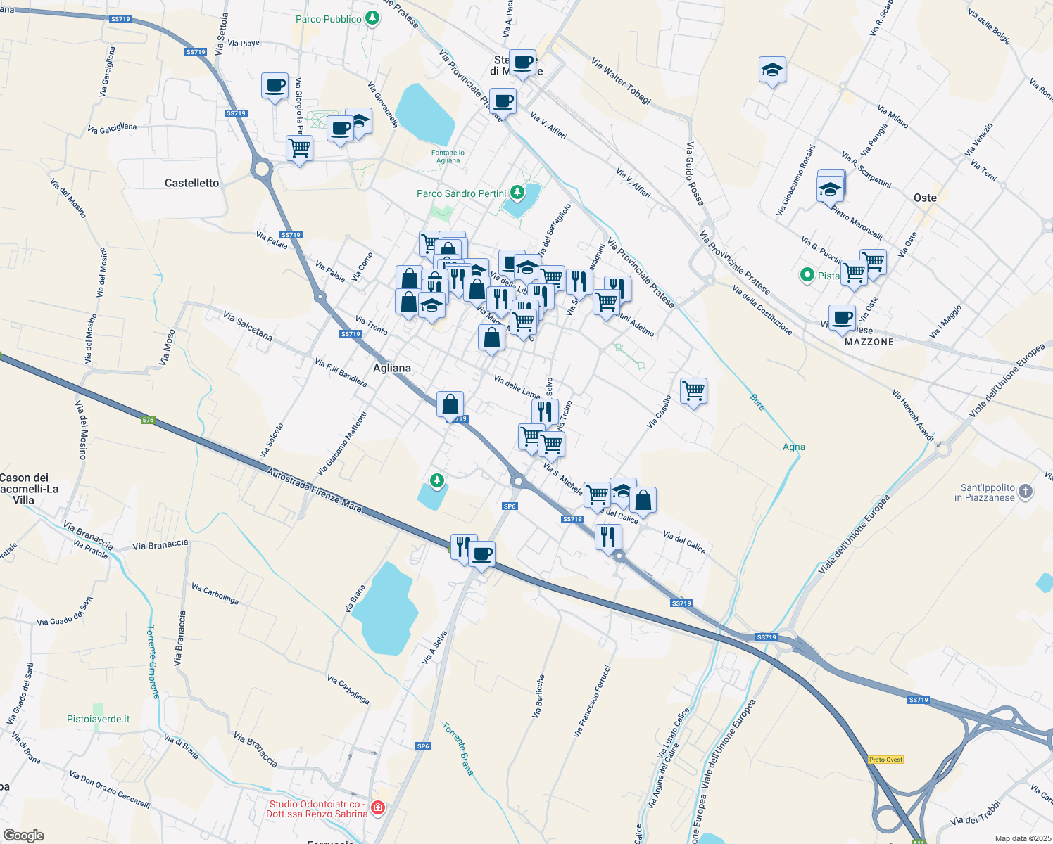 map of restaurants, bars, coffee shops, grocery stores, and more near 10 Via Don Giovanni Bosco in Agliana