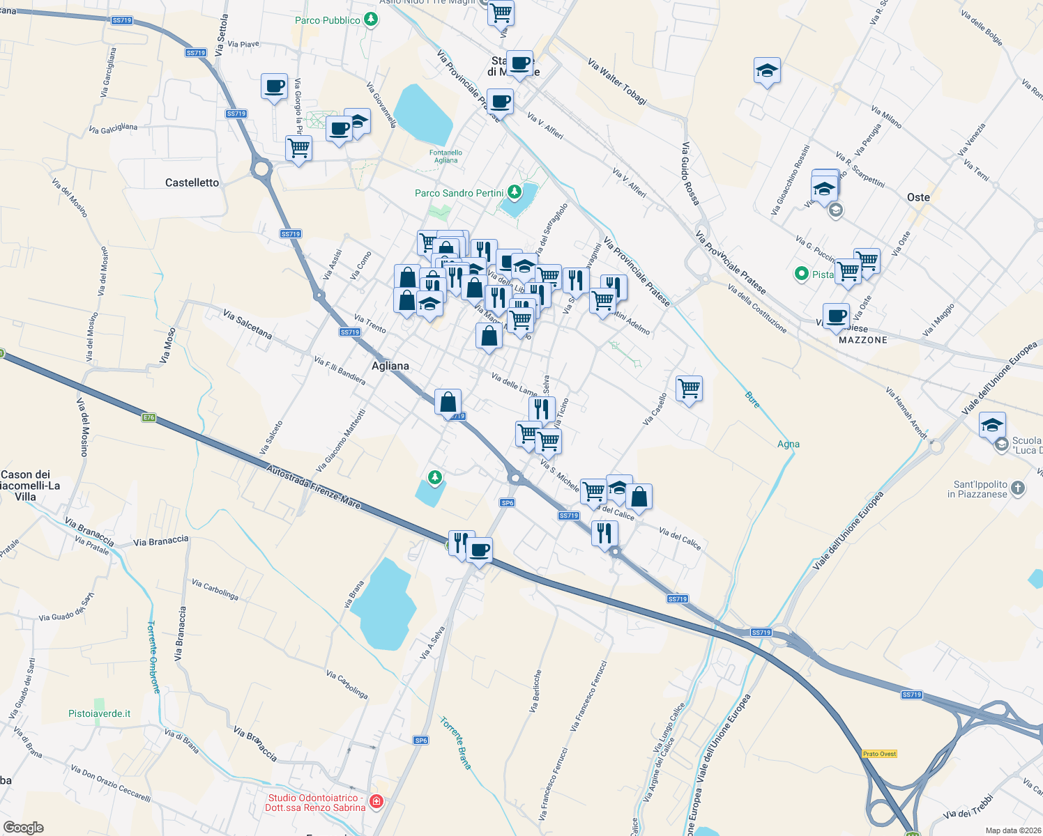 map of restaurants, bars, coffee shops, grocery stores, and more near 10 Via Don Giovanni Bosco in Agliana