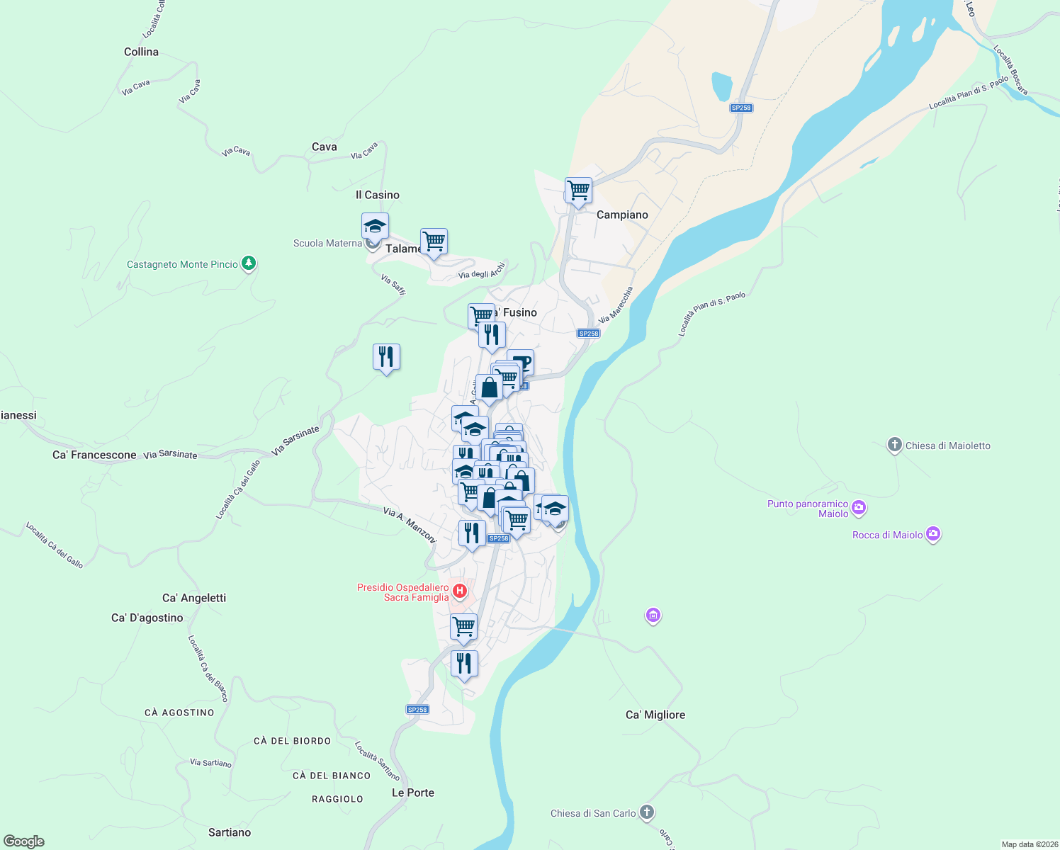 map of restaurants, bars, coffee shops, grocery stores, and more near 84 Via Cavour in Novafeltria