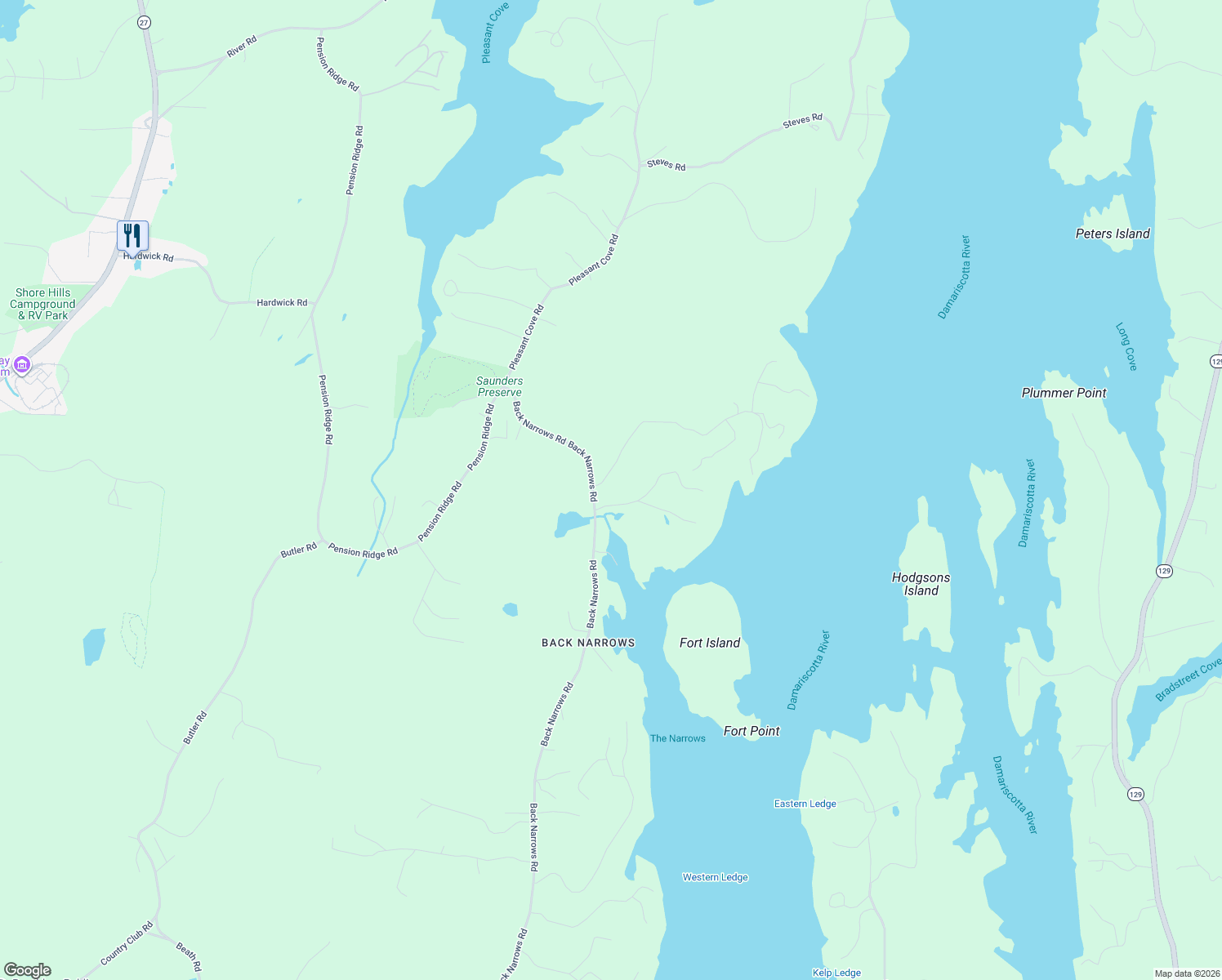 map of restaurants, bars, coffee shops, grocery stores, and more near 76 Back Narrows Road in Boothbay