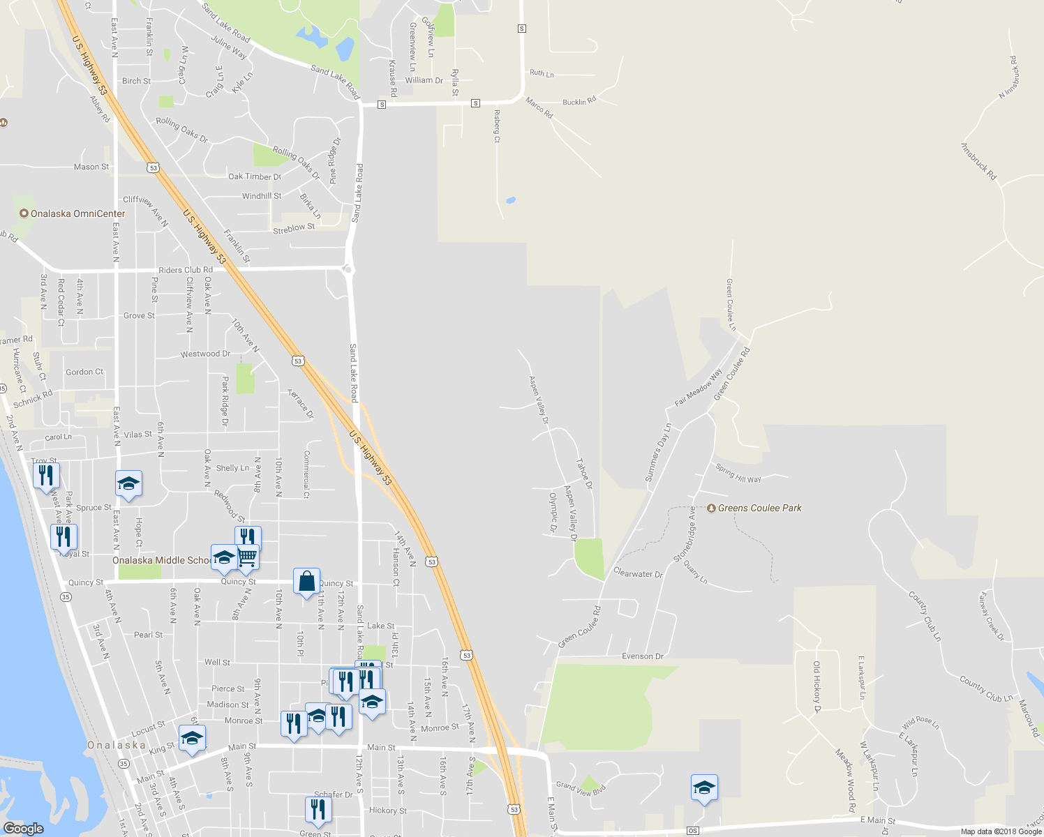map of restaurants, bars, coffee shops, grocery stores, and more near 1800 Snowflake Place in Onalaska