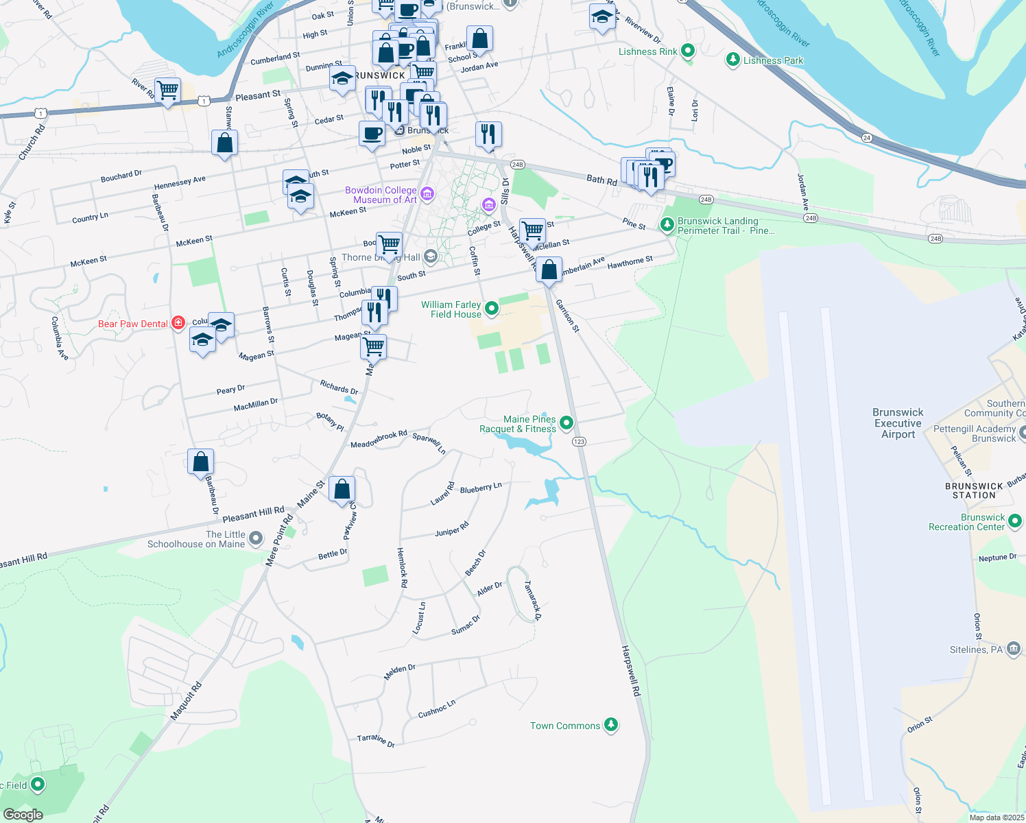 map of restaurants, bars, coffee shops, grocery stores, and more near 15 Breckan Road in Brunswick