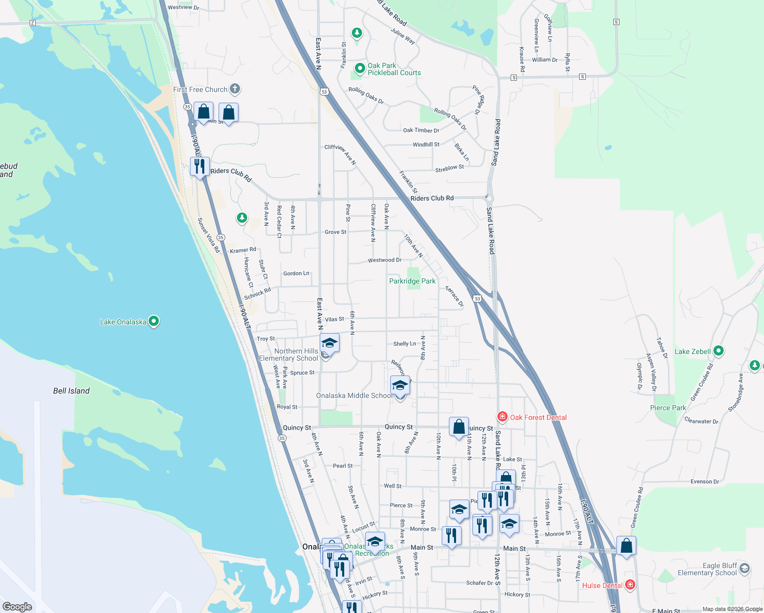 map of restaurants, bars, coffee shops, grocery stores, and more near 1009 Oak Avenue North in Onalaska