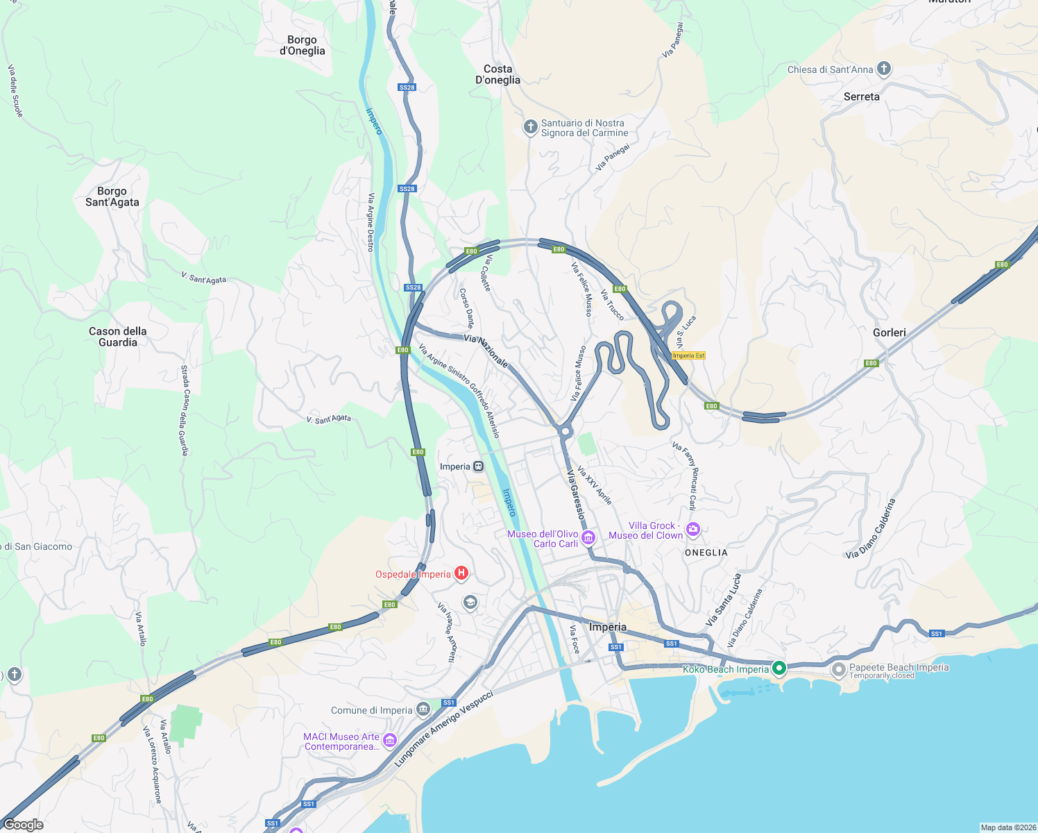 map of restaurants, bars, coffee shops, grocery stores, and more near 38 Via Raffaele Andreoli in Imperia