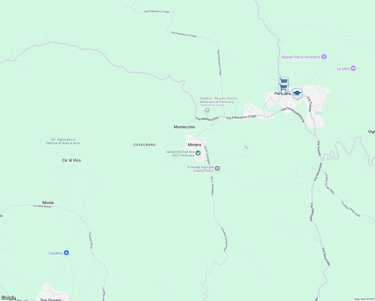 map of restaurants, bars, coffee shops, grocery stores, and more near 93 Via G. Donegani in Miniera