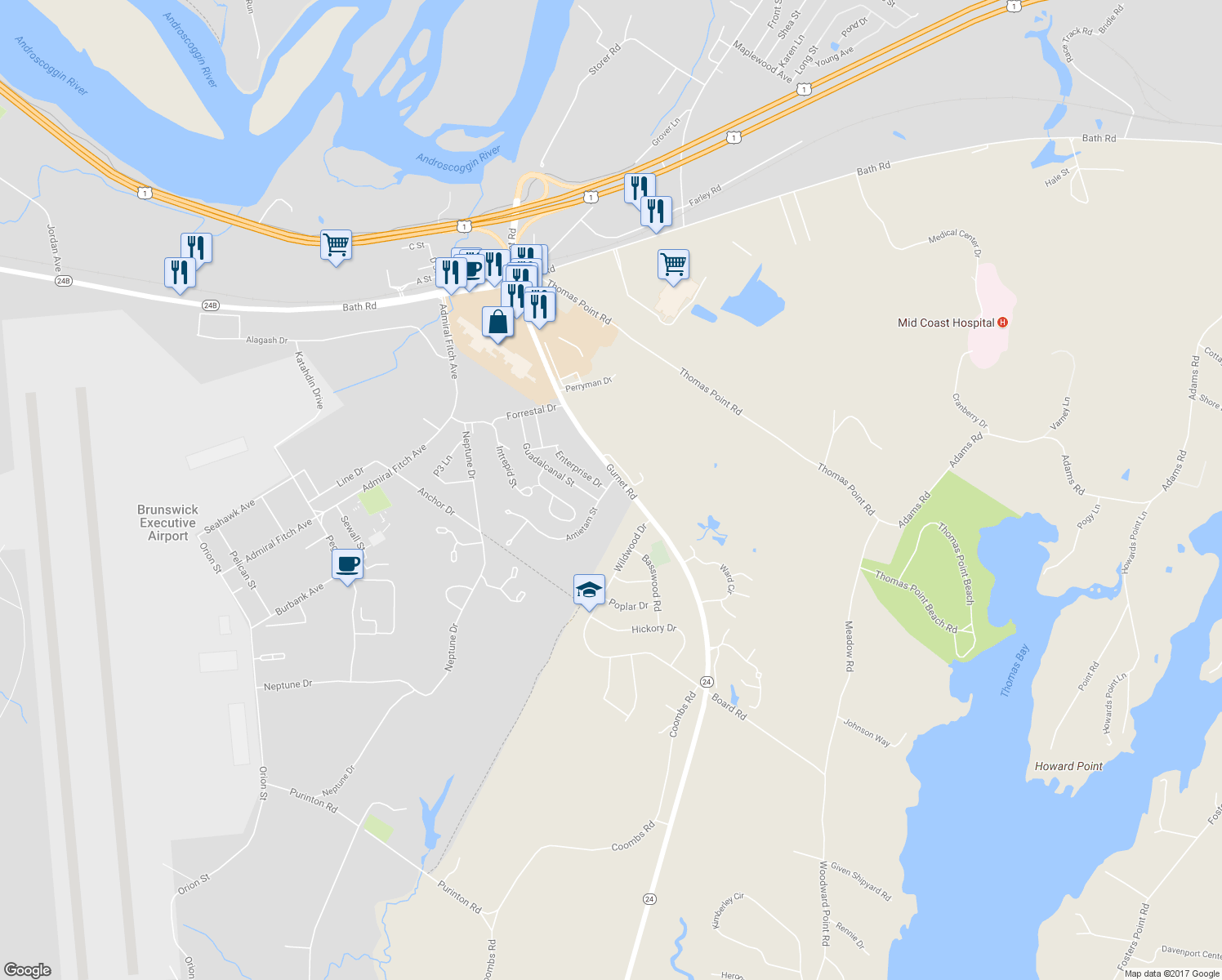 map of restaurants, bars, coffee shops, grocery stores, and more near 37 Antietam Street in Brunswick