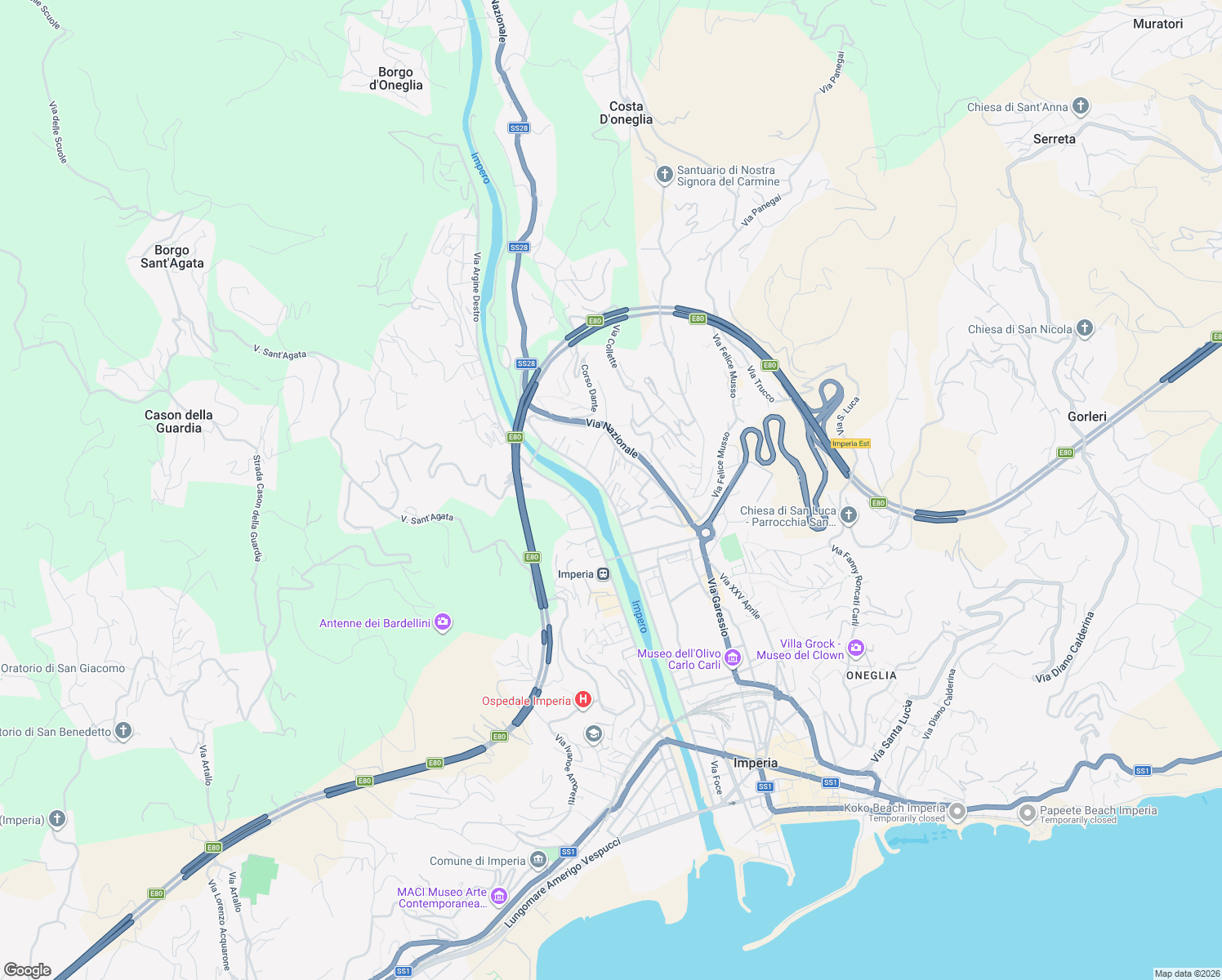 map of restaurants, bars, coffee shops, grocery stores, and more near 144 Via Argine Sinistro in Imperia