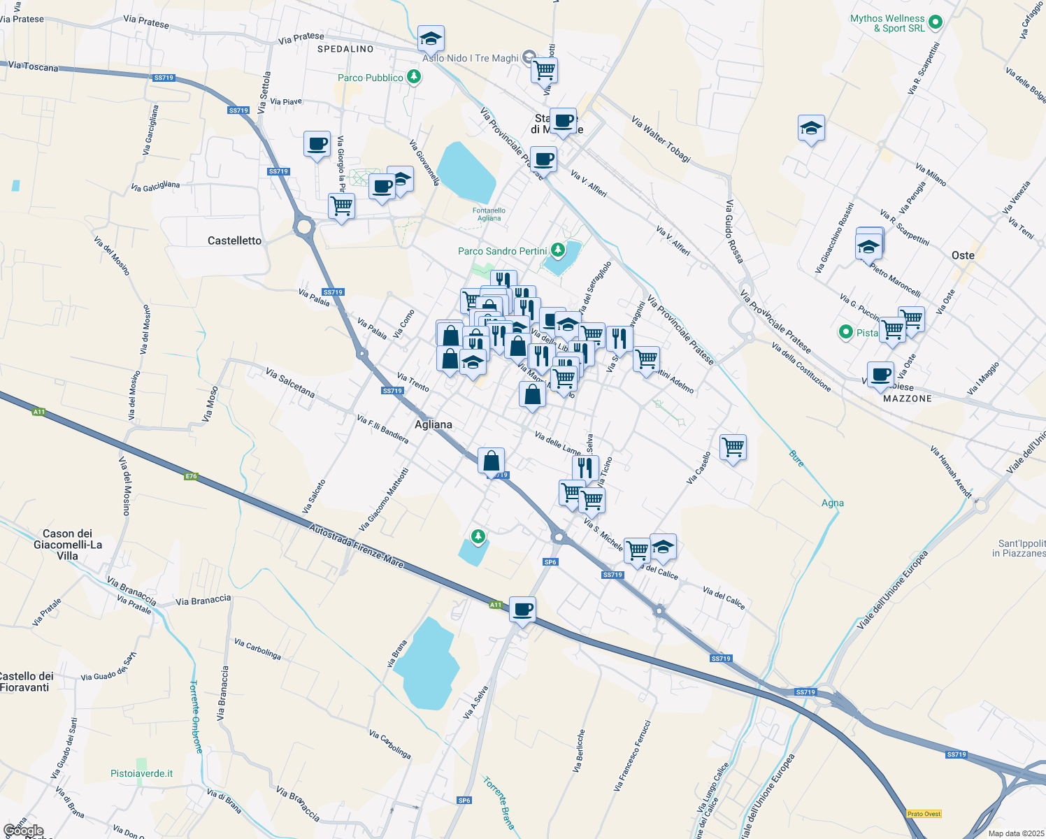 map of restaurants, bars, coffee shops, grocery stores, and more near 92 Via Travetta in Agliana