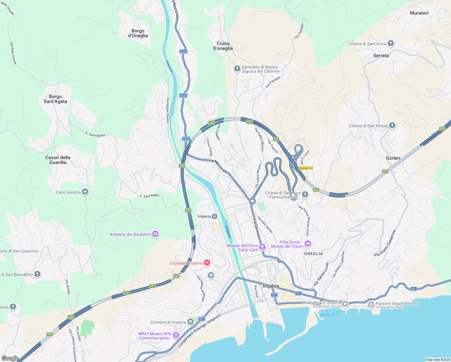 map of restaurants, bars, coffee shops, grocery stores, and more near 16 Via S.Pio da Pietrelcina in Imperia