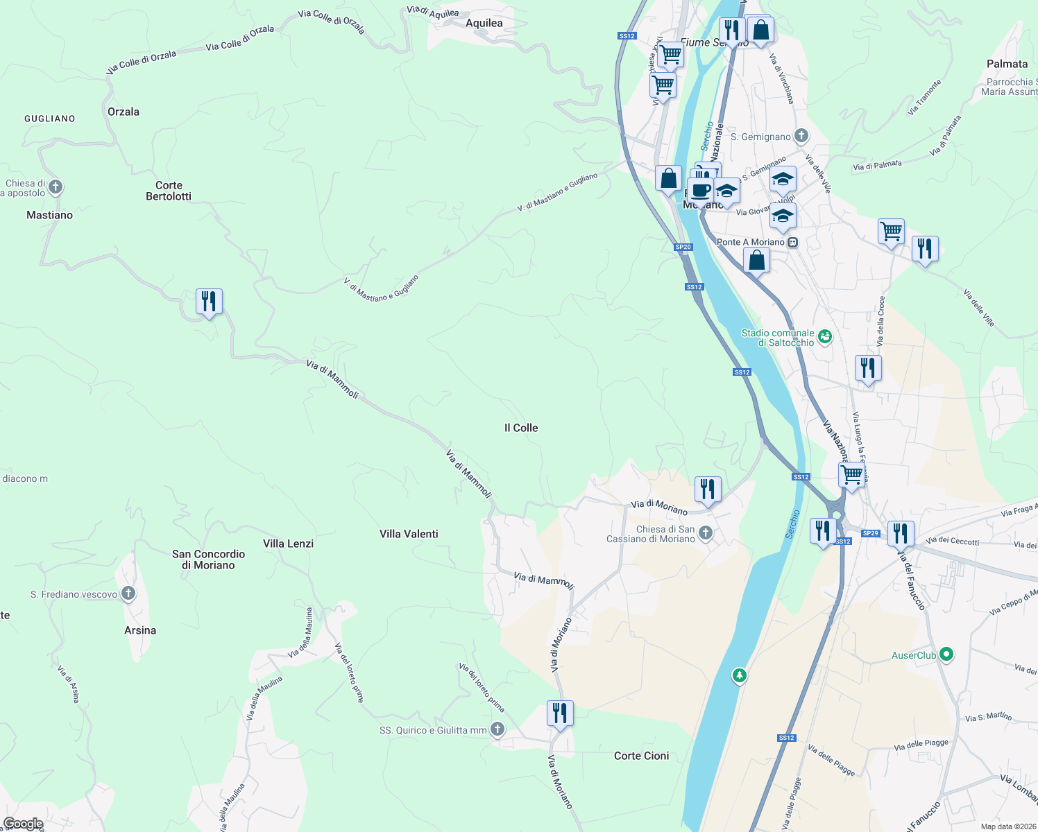 map of restaurants, bars, coffee shops, grocery stores, and more near 355h Via del Colle e di Stabbiano in Il Colle