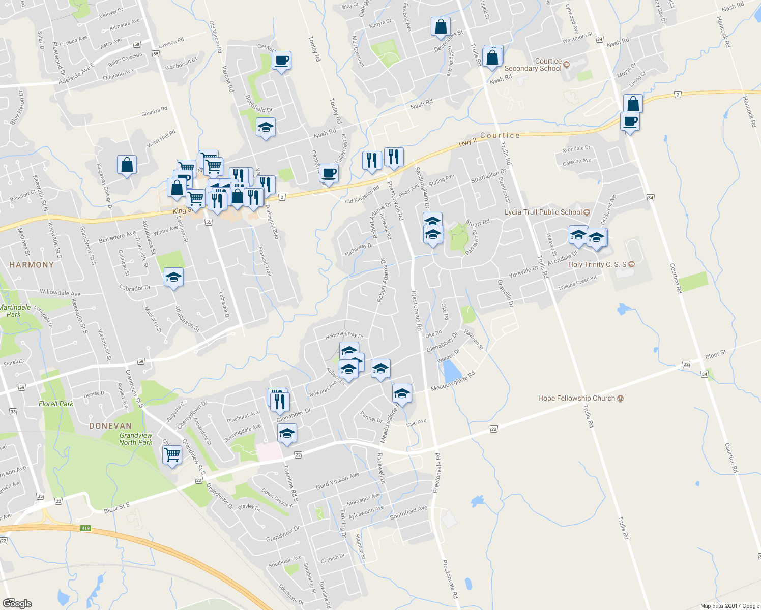 map of restaurants, bars, coffee shops, grocery stores, and more near 95 Robert Adams Drive in Courtice