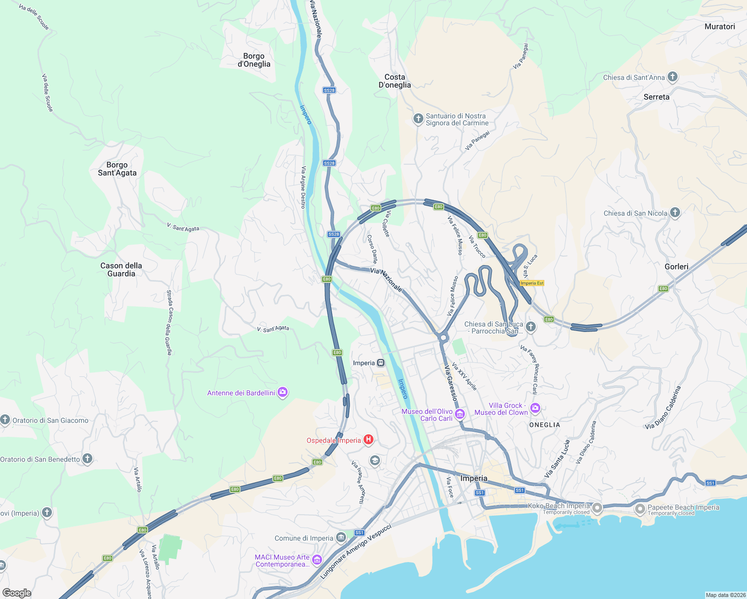map of restaurants, bars, coffee shops, grocery stores, and more near 144 Via Argine Sinistro Goffredo Alterisio in Imperia