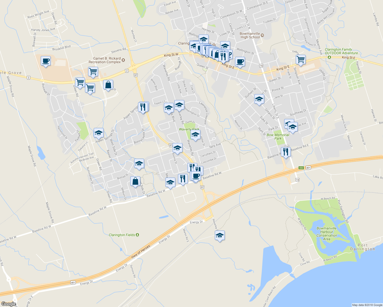 map of restaurants, bars, coffee shops, grocery stores, and more near 129 Waverley Road in Bowmanville