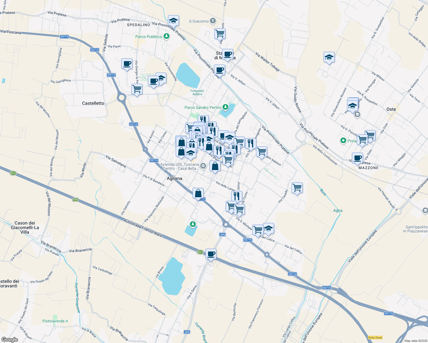 map of restaurants, bars, coffee shops, grocery stores, and more near 92 Via Travetta in Agliana