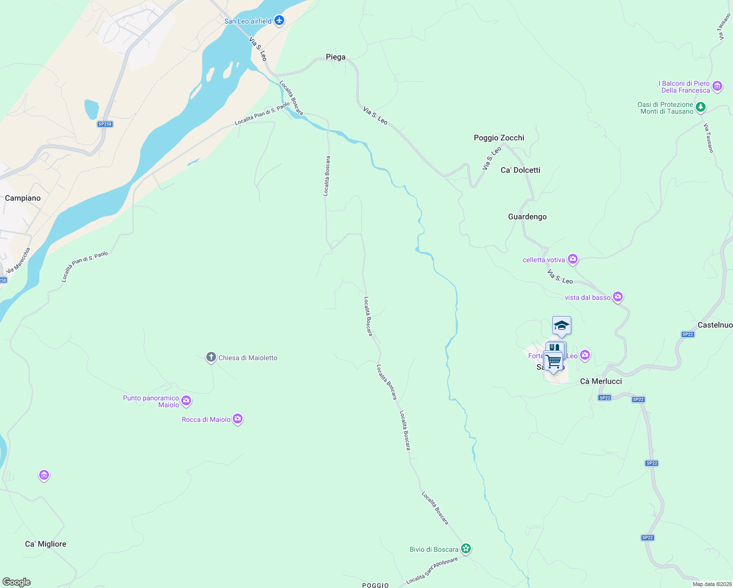 map of restaurants, bars, coffee shops, grocery stores, and more near 334 Località Boscara in Provincia di Rimini