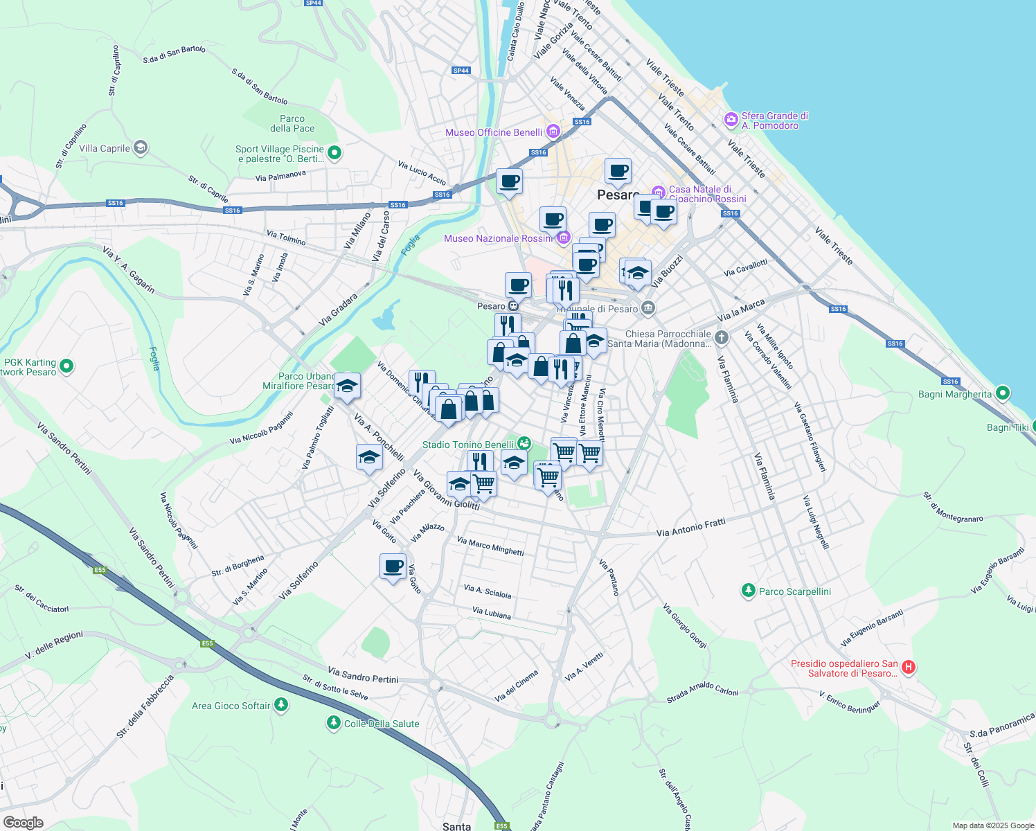 map of restaurants, bars, coffee shops, grocery stores, and more near 1 Via Alessandro Lamarmora in Pesaro