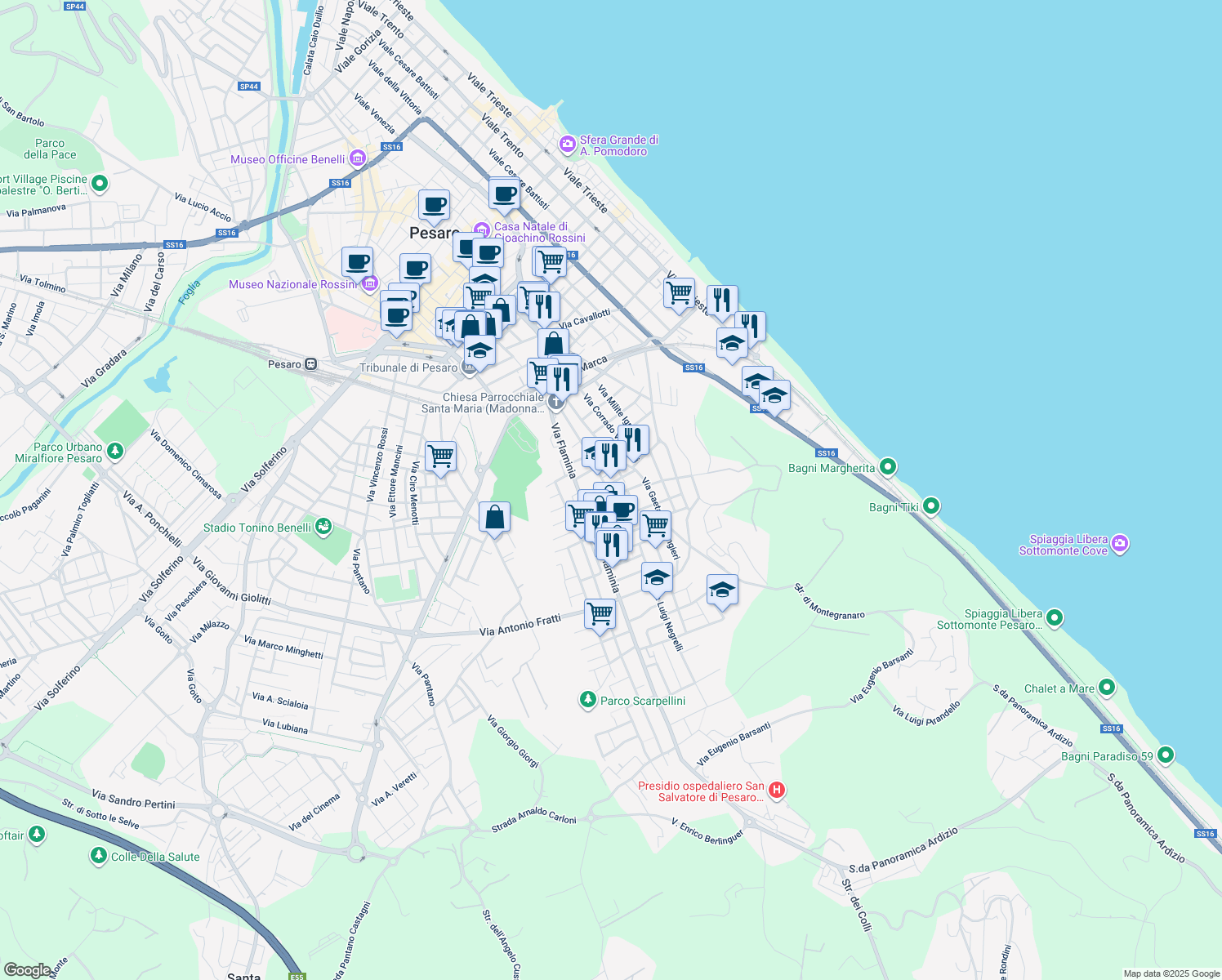 map of restaurants, bars, coffee shops, grocery stores, and more near 5 Via Giannetto Dini in Pesaro