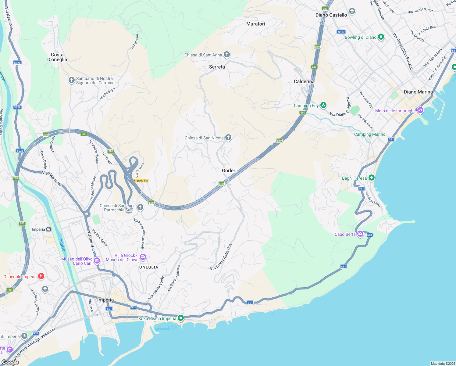 map of restaurants, bars, coffee shops, grocery stores, and more near 53 Via San Leonardo in Gorleri