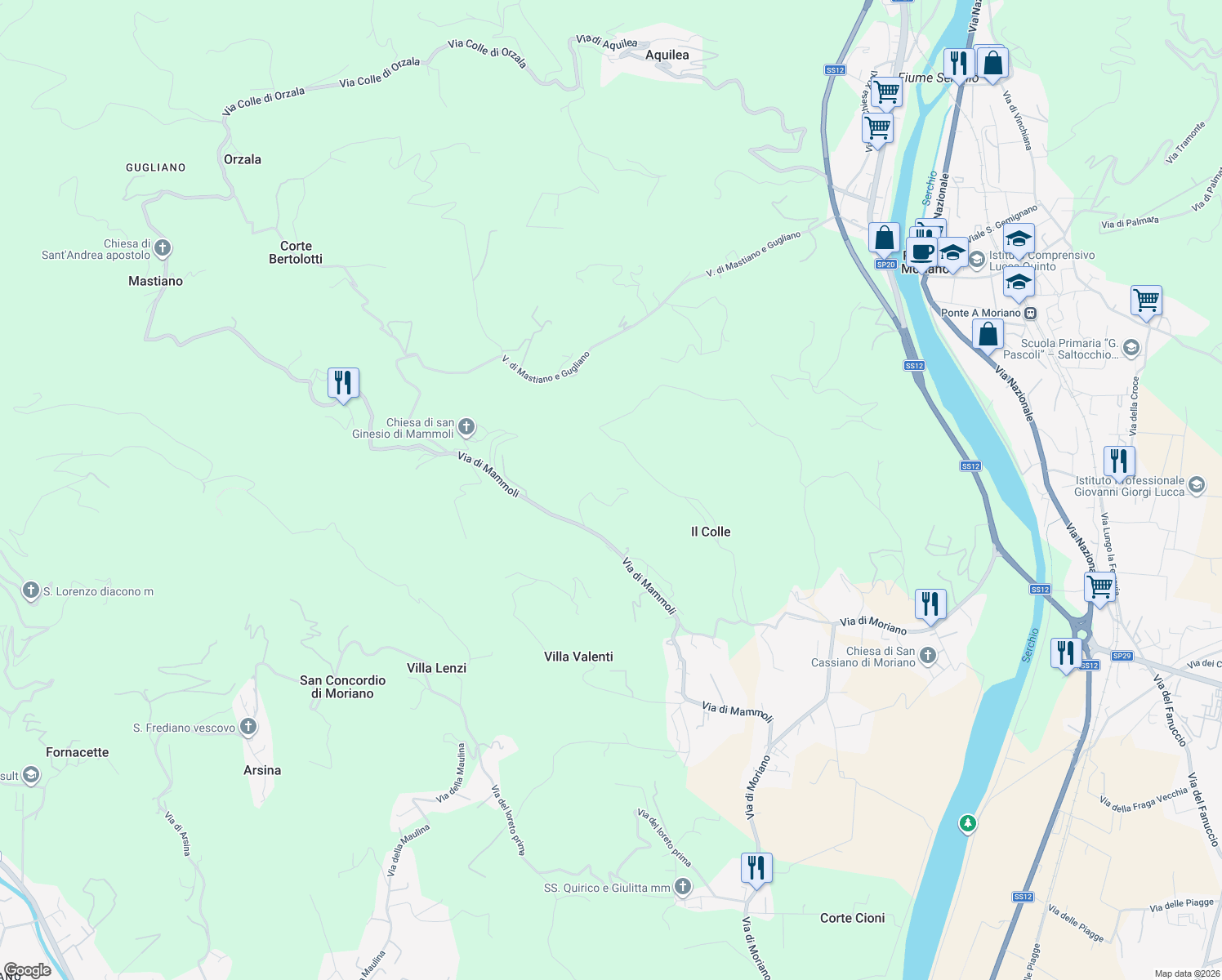 map of restaurants, bars, coffee shops, grocery stores, and more near 1376 Via di Mammoli in Lucca