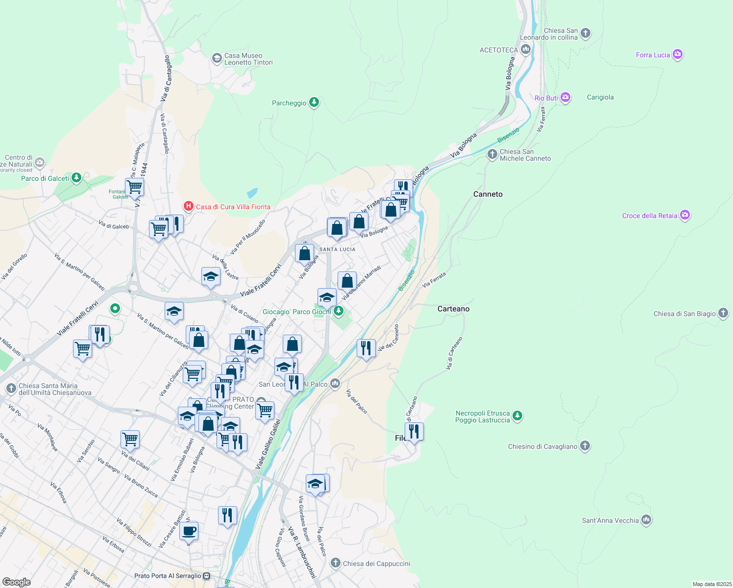 map of restaurants, bars, coffee shops, grocery stores, and more near 20/A Via Giovanni Marradi in Prato