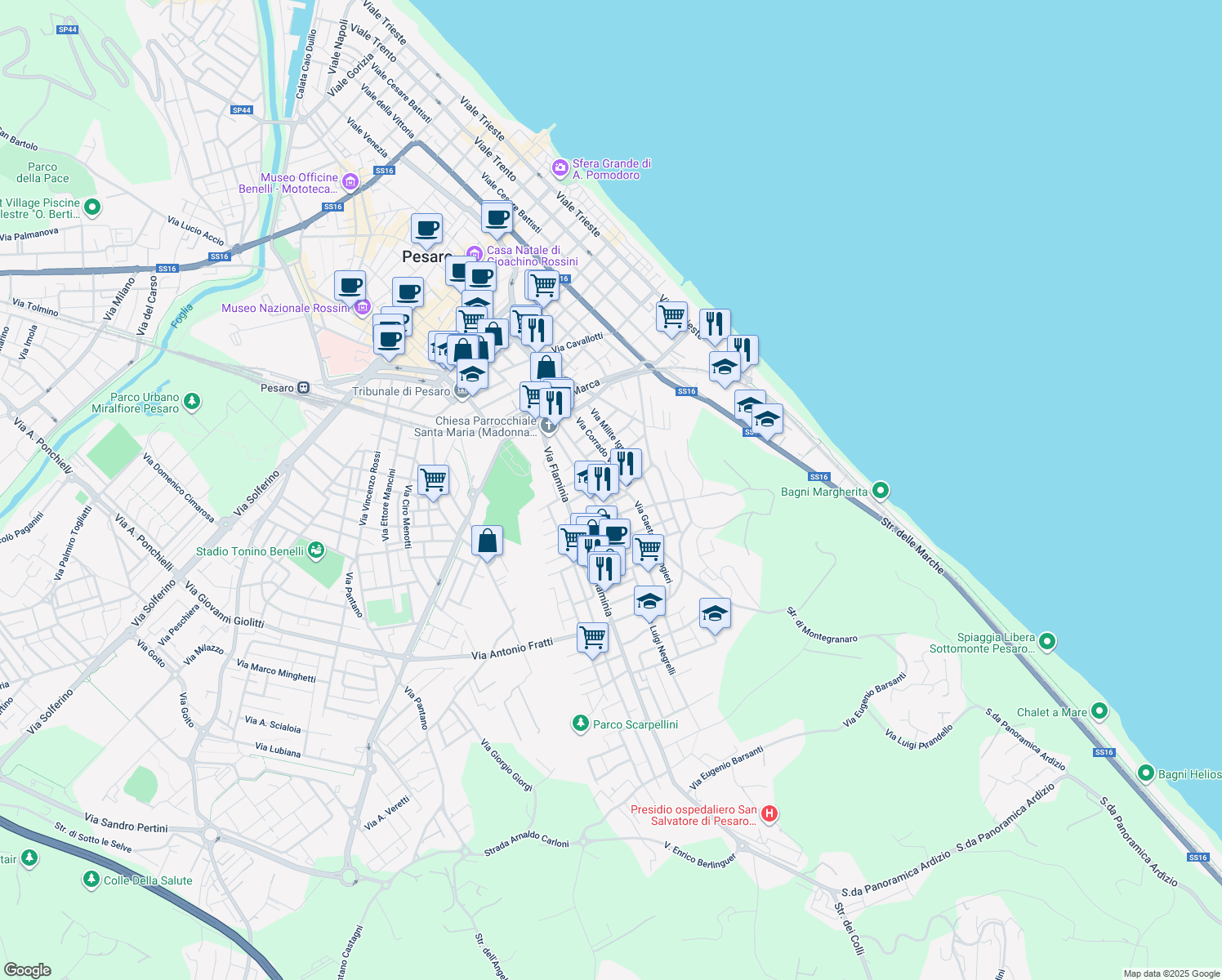 map of restaurants, bars, coffee shops, grocery stores, and more near 5 Via Giannetto Dini in Pesaro