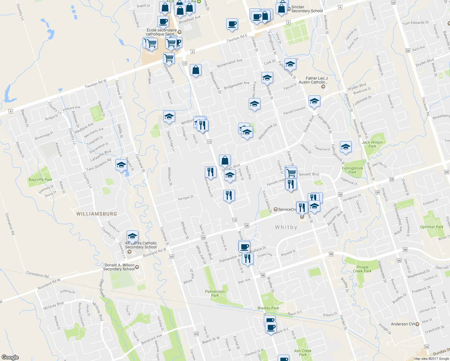 map of restaurants, bars, coffee shops, grocery stores, and more near 47 Robideau Place in Whitby
