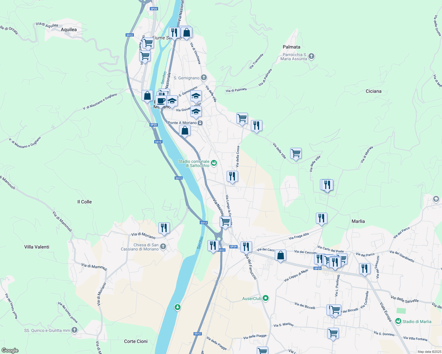 map of restaurants, bars, coffee shops, grocery stores, and more near 171 Via della Chiesa di Saltocchio in Lucca