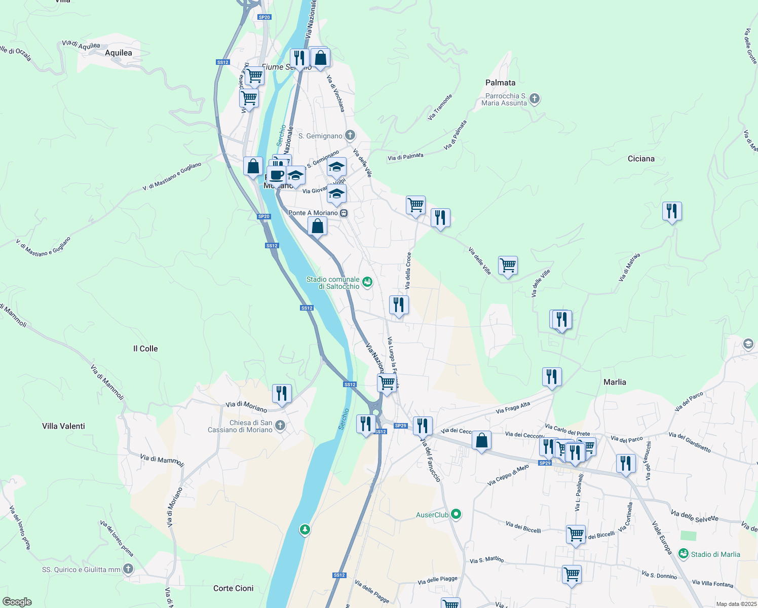 map of restaurants, bars, coffee shops, grocery stores, and more near 171 Via della Chiesa di Saltocchio in Lucca