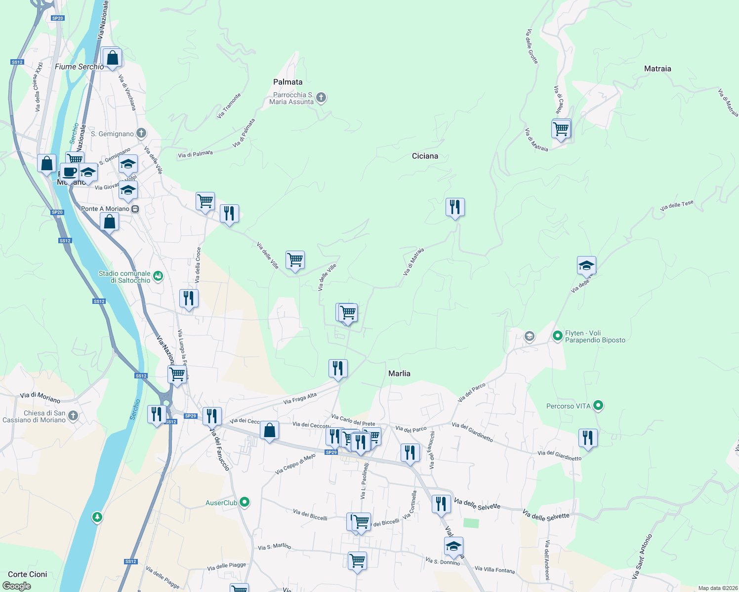 map of restaurants, bars, coffee shops, grocery stores, and more near 635 Via di Matraia in Lucca