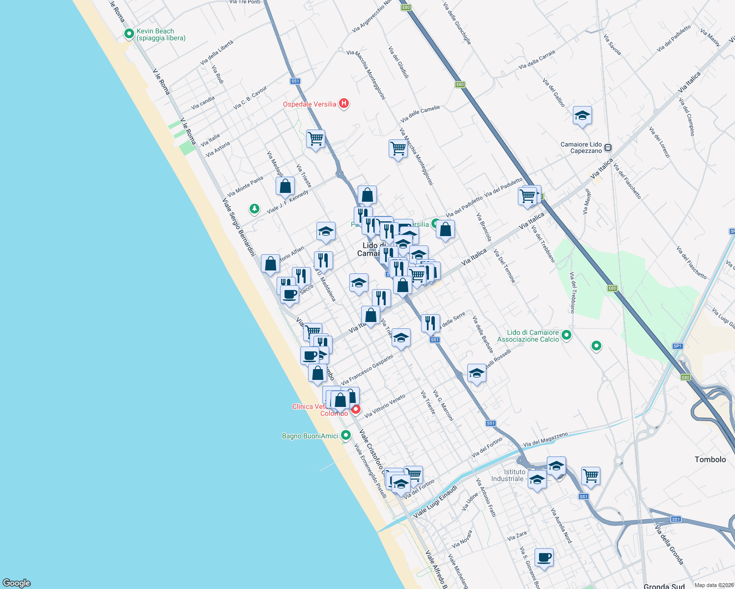 map of restaurants, bars, coffee shops, grocery stores, and more near 13 Via Bolzano in Camaiore