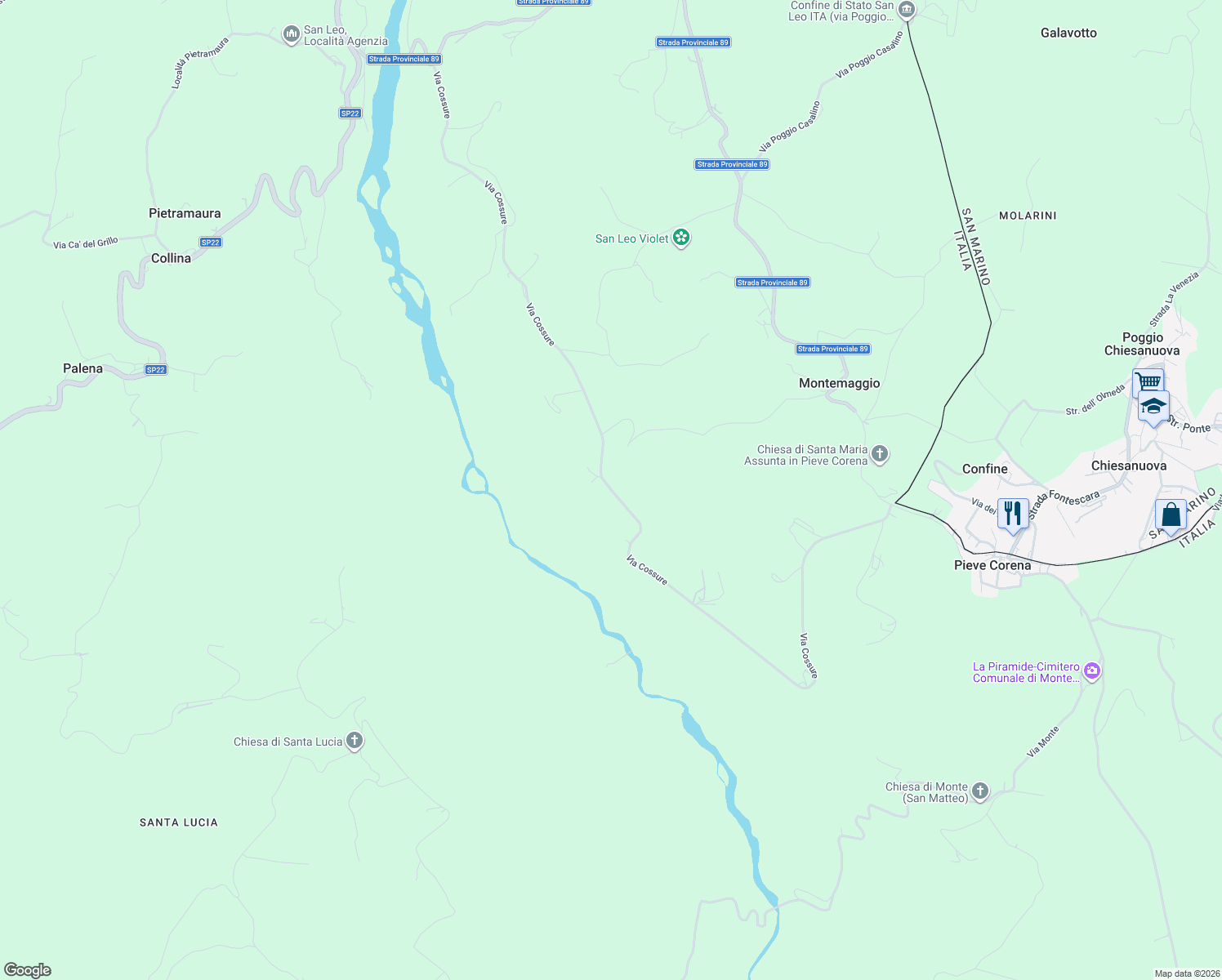 map of restaurants, bars, coffee shops, grocery stores, and more near 69 Via Montemaggio in Provincia di Rimini