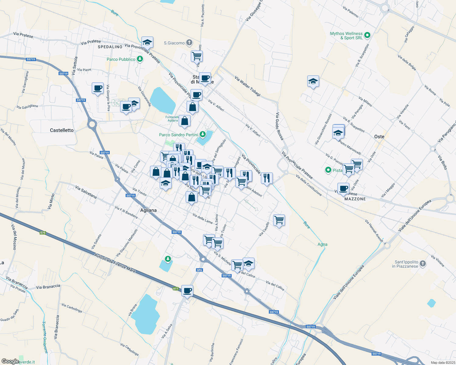 map of restaurants, bars, coffee shops, grocery stores, and more near 48A Via Spartaco Lavagnini in Agliana