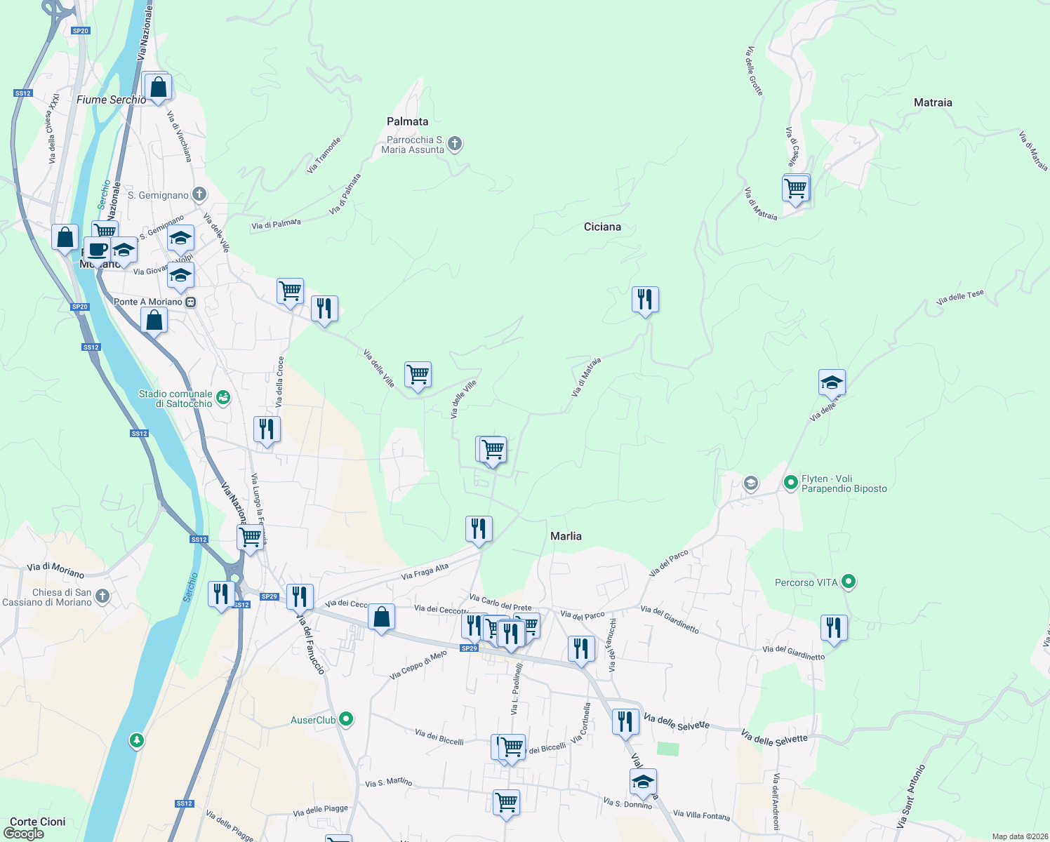 map of restaurants, bars, coffee shops, grocery stores, and more near 635 Via di Matraia in Lucca