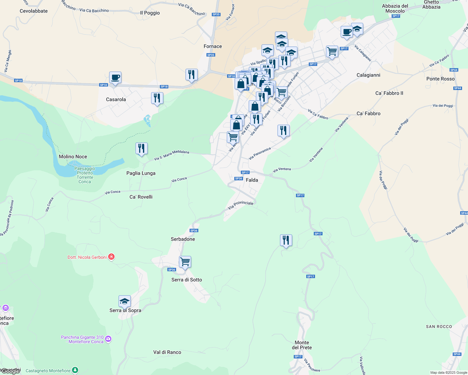 map of restaurants, bars, coffee shops, grocery stores, and more near 4470 Via Provinciale in Falda