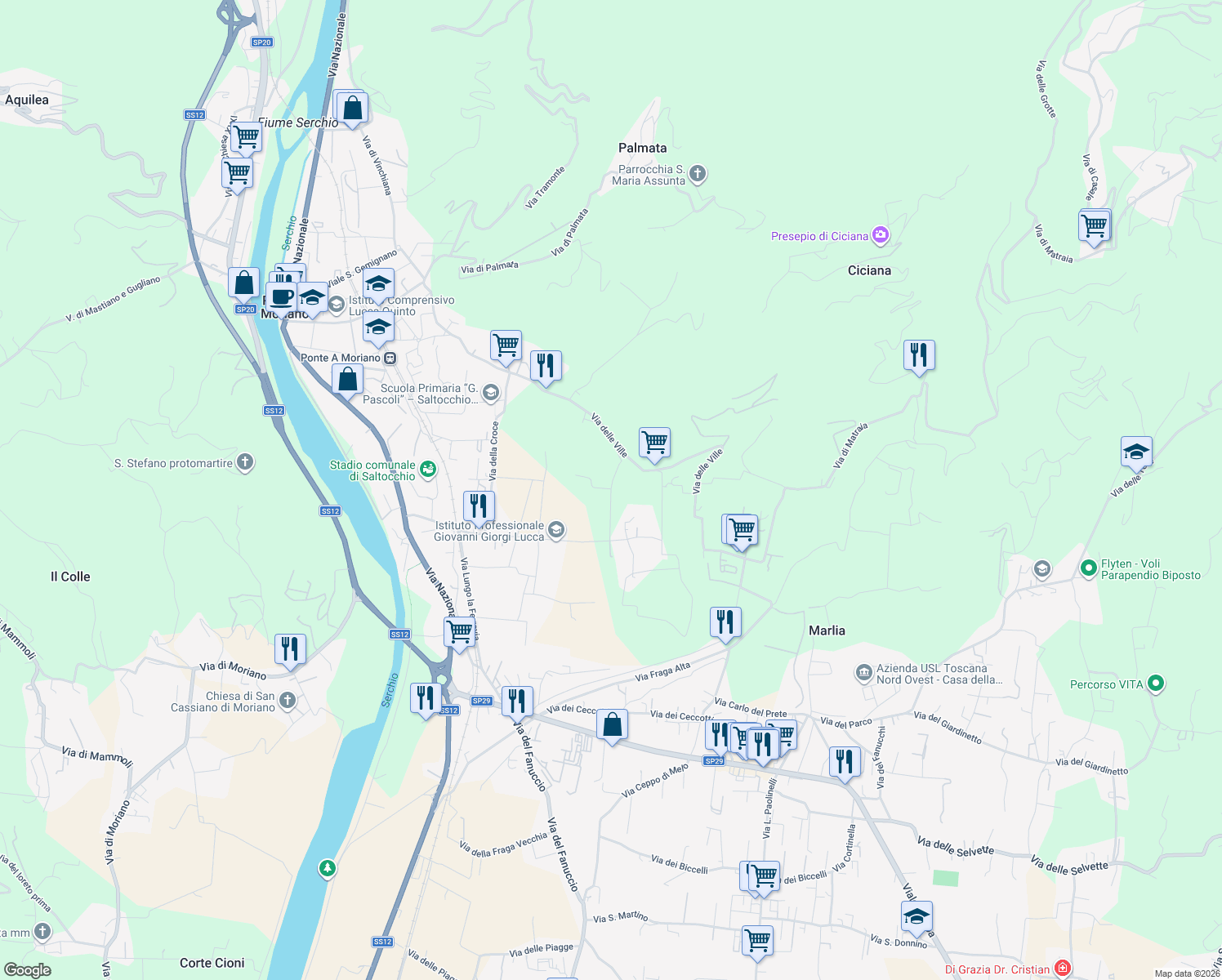 map of restaurants, bars, coffee shops, grocery stores, and more near in Lucca