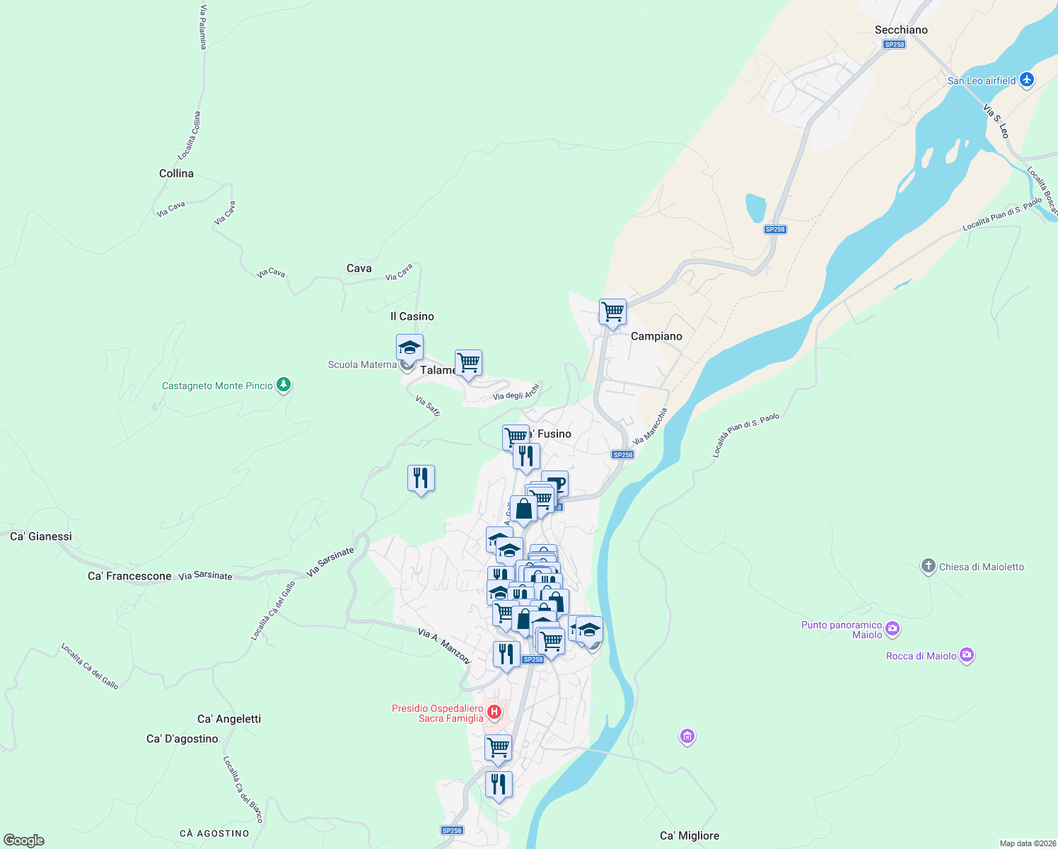 map of restaurants, bars, coffee shops, grocery stores, and more near 40 Via Cà Fusino in Ca' Fusino