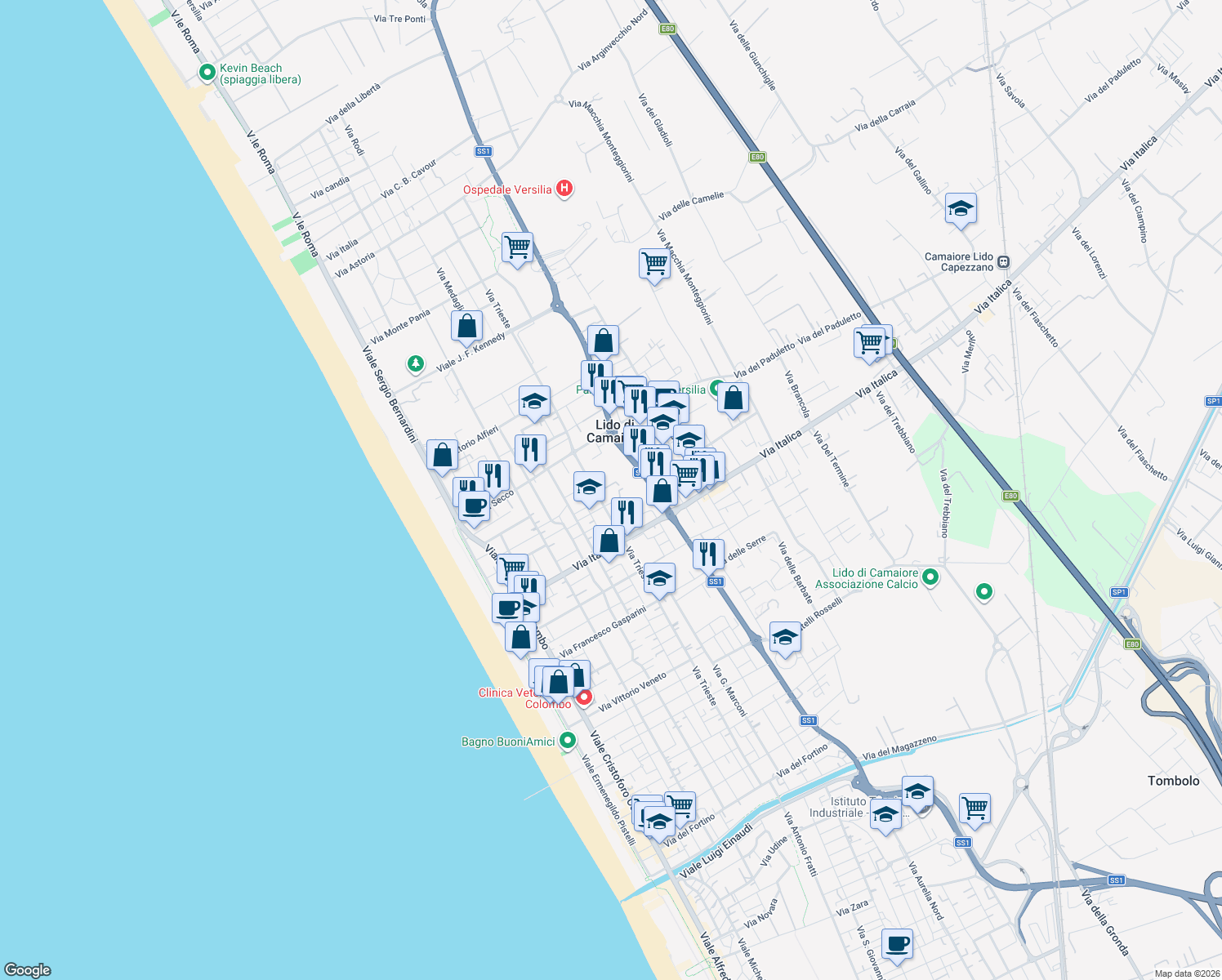 map of restaurants, bars, coffee shops, grocery stores, and more near 13 Via Bolzano in Camaiore