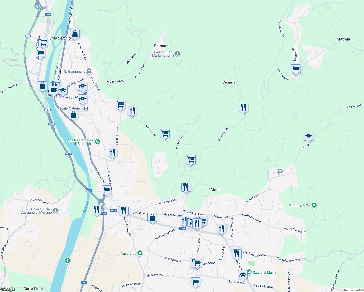 map of restaurants, bars, coffee shops, grocery stores, and more near 66 Via di Villa Oliva in Lucca