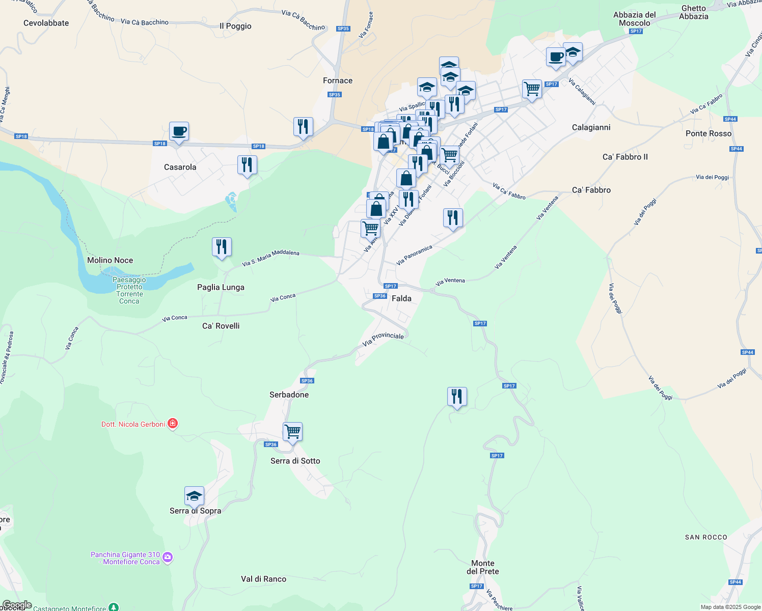 map of restaurants, bars, coffee shops, grocery stores, and more near 4470 Via Provinciale in Falda