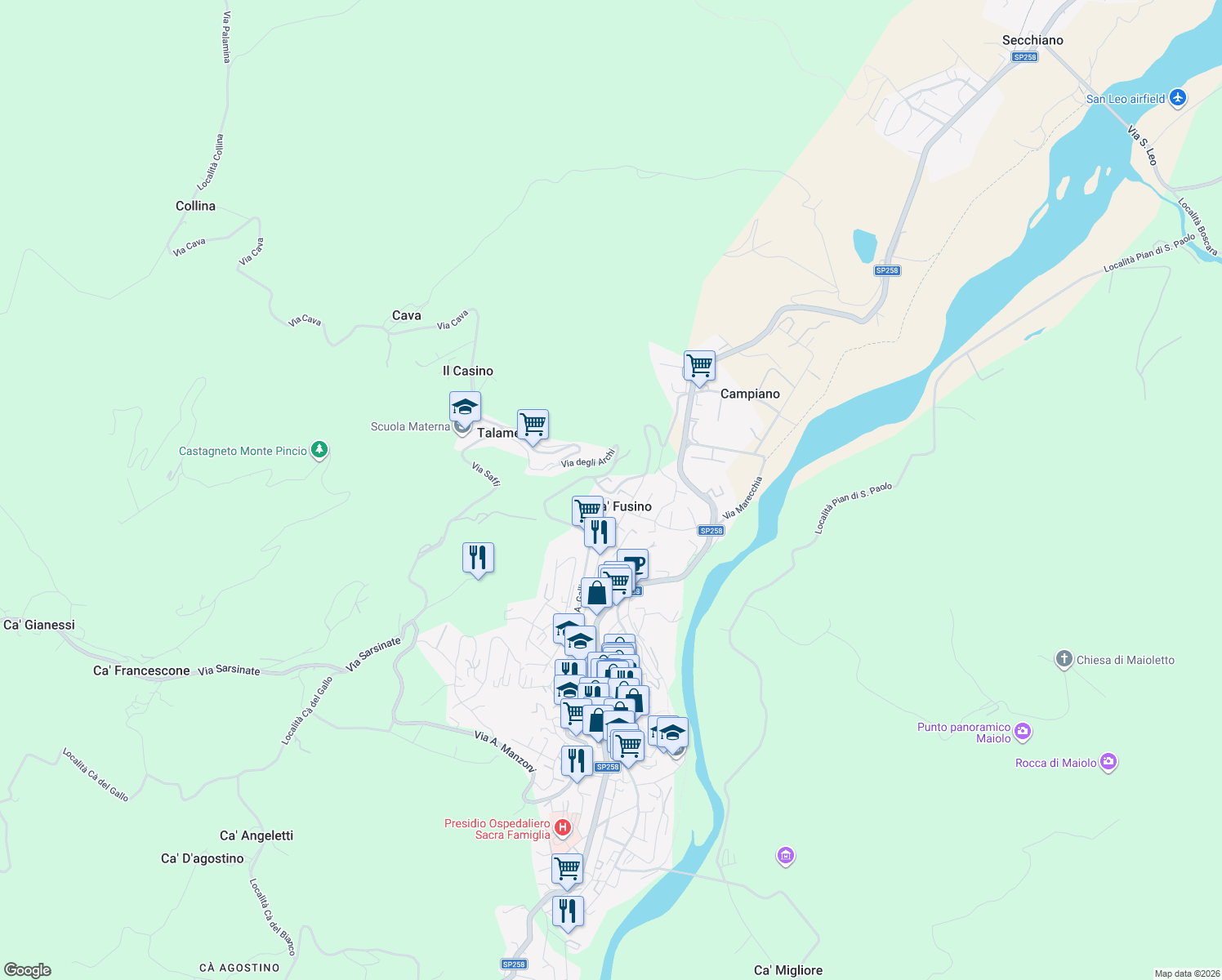 map of restaurants, bars, coffee shops, grocery stores, and more near 40 Via Cà Fusino in Ca' Fusino