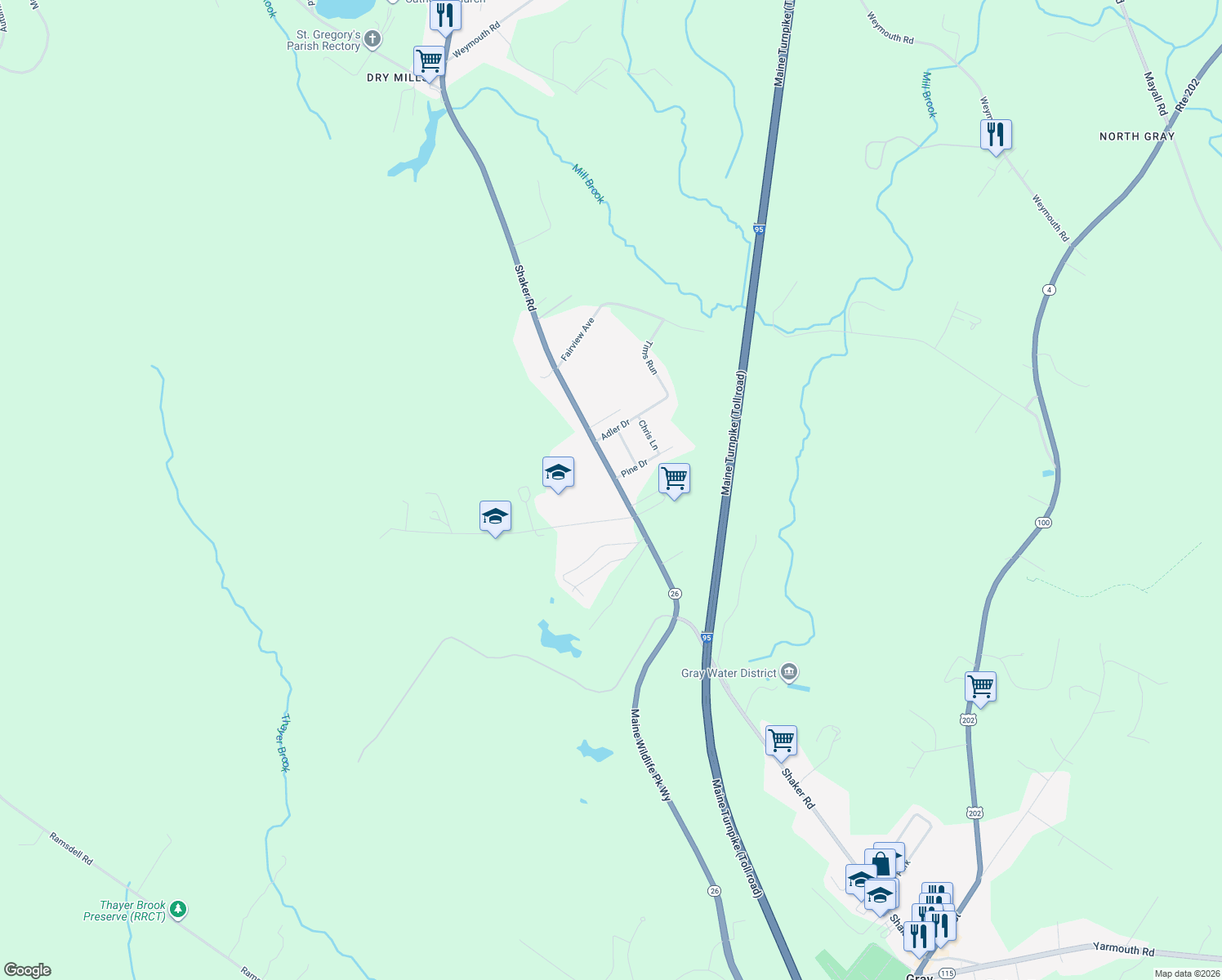 map of restaurants, bars, coffee shops, grocery stores, and more near 141 Shaker Road in Gray