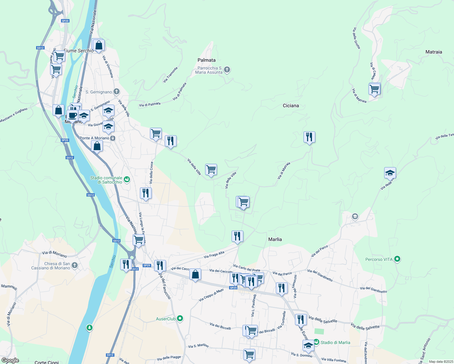 map of restaurants, bars, coffee shops, grocery stores, and more near 66 Via di Villa Oliva in Lucca