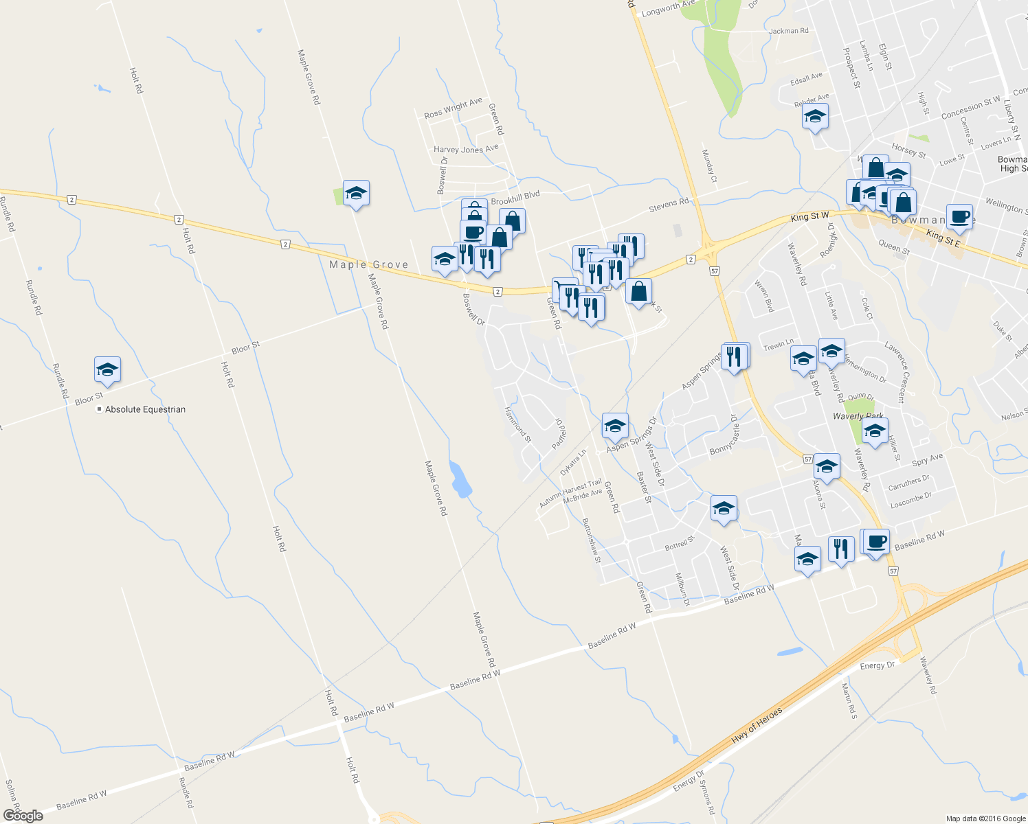 map of restaurants, bars, coffee shops, grocery stores, and more near 63 Hammond Street in Bowmanville