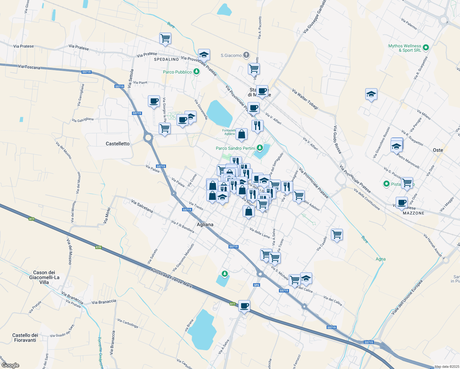 map of restaurants, bars, coffee shops, grocery stores, and more near 17 Viale Roma in Agliana